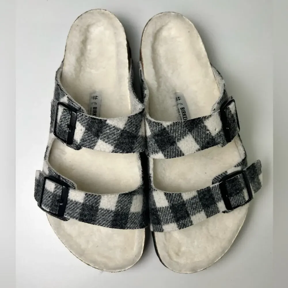 Birkenstock Mens Arizona Plaid Black White Double Strap Shearling Wool Sandal 11